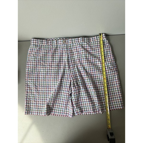 Peter Millar Crown Sport Shorts Men's 42 Pink Blue White Plaid Seersucker Chino - Picture 3 of 4